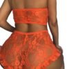 Sexy lace bodysuit lingerie in vibrant orange with floral design and ruffled edges