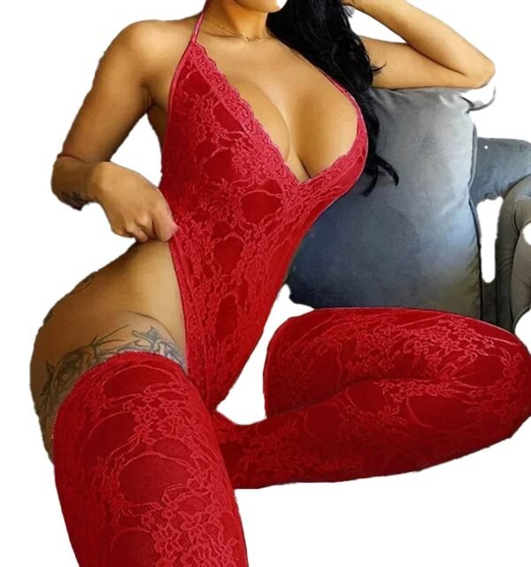 Red sexy lace bodysuit lingerie with plunging neckline and form-fitting design for alluring style