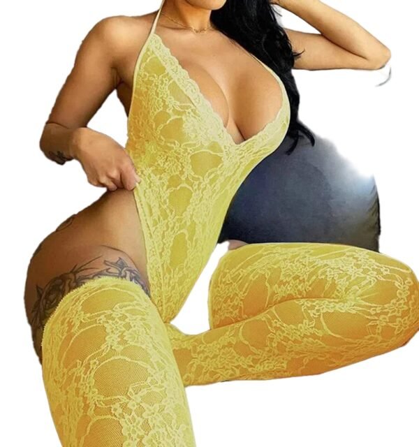 Yellow sexy lace bodysuit lingerie with a plunging neckline and form-fitting design for a stunning look