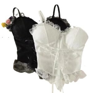 Two elegant sexy lace corset crop tops for women in black and white with ruffled edges and adjustable straps