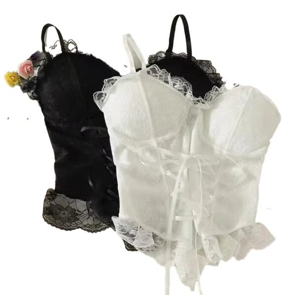 Two elegant sexy lace corset crop tops for women in black and white with ruffled edges and adjustable straps