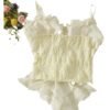 Cream-colored sexy lace corset crop top for women with adjustable straps and ruffled hem