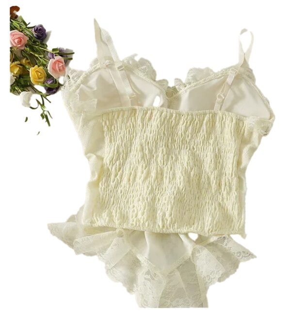Cream-colored sexy lace corset crop top for women with adjustable straps and ruffled hem