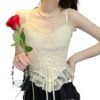 LuckeLadybug LLC sexy lace corset crop top for women with floral lace trim and adjustable straps