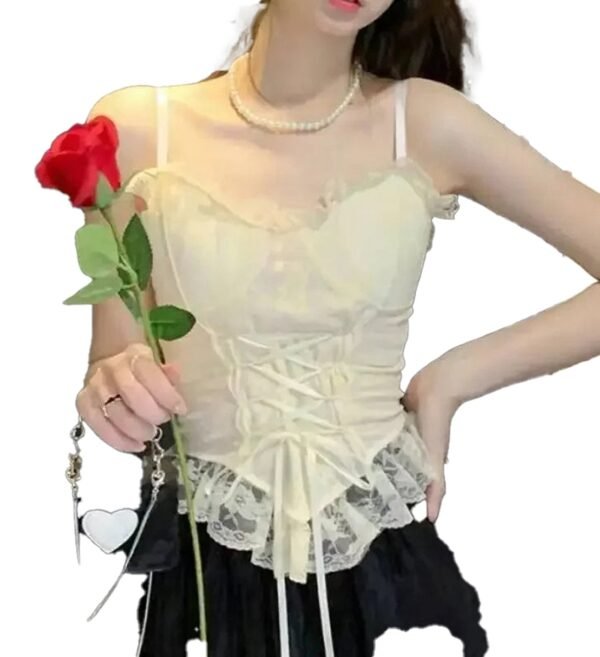 LuckeLadybug LLC sexy lace corset crop top for women with floral lace trim and adjustable straps