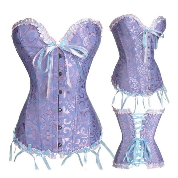 Elegant purple sexy lace corset for women with ribbon accents and detailed lace trim