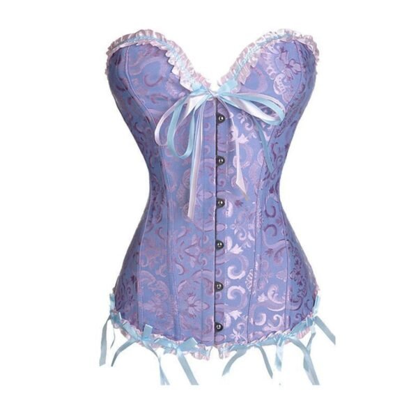 Purple sexy lace corset for women with ribbon accents and decorative buttons