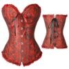 Red and black sexy lace corset for women featuring decorative buttons and ribbon ties