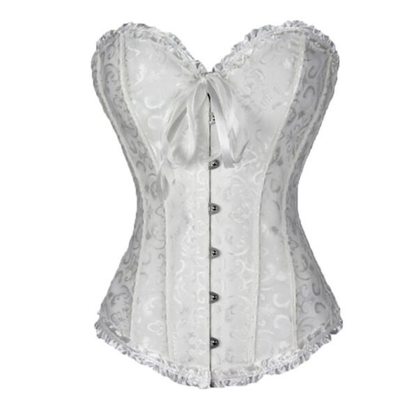 Elegant white sexy lace corset for women with a button front and ribbon detail