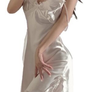 Silky cream sexy lace halter nightdress with delicate lace detailing and adjustable straps
