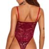 Red sexy lace lingerie bodysuit by LuckeLadybug LLC with thin straps and sheer floral design