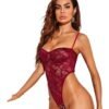 LuckeLadybug sexy lace lingerie bodysuit in burgundy with lace detailing and adjustable straps