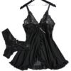Black sexy lace lingerie dress for women with matching thong and ruffle details