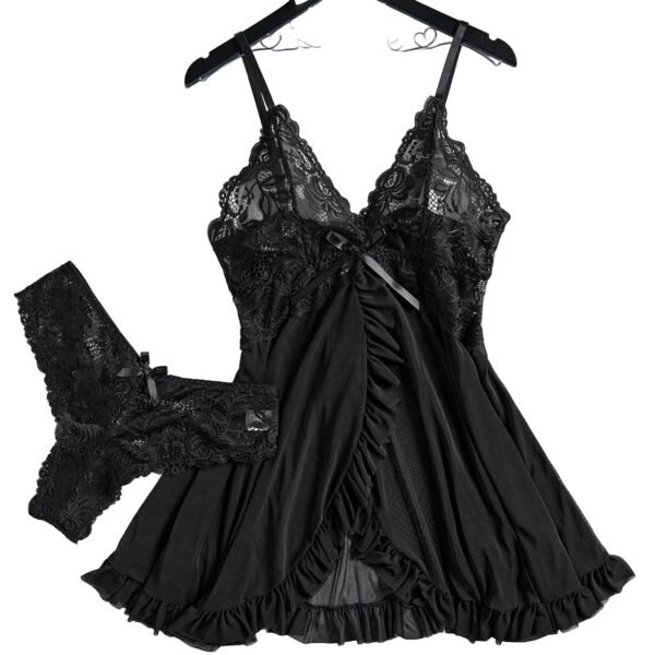 Black sexy lace lingerie dress for women with matching thong and ruffle details