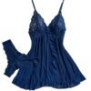 Navy blue sexy lace lingerie dress for women with matching lace thong and elegant floral accents
