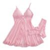 Pink sexy lace lingerie dress for women with ruffled edges and matching panties