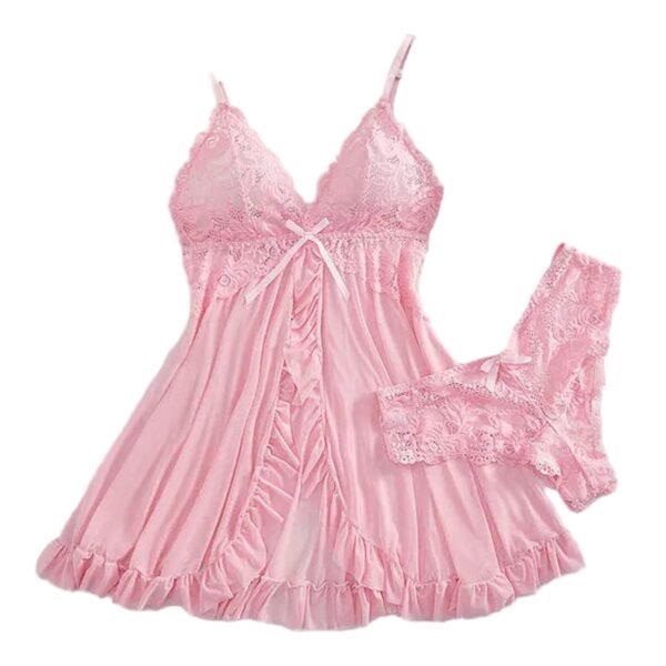 Pink sexy lace lingerie dress for women with ruffled edges and matching panties