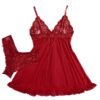 Red sexy lace lingerie dress for women with matching lace panties on a plush white background