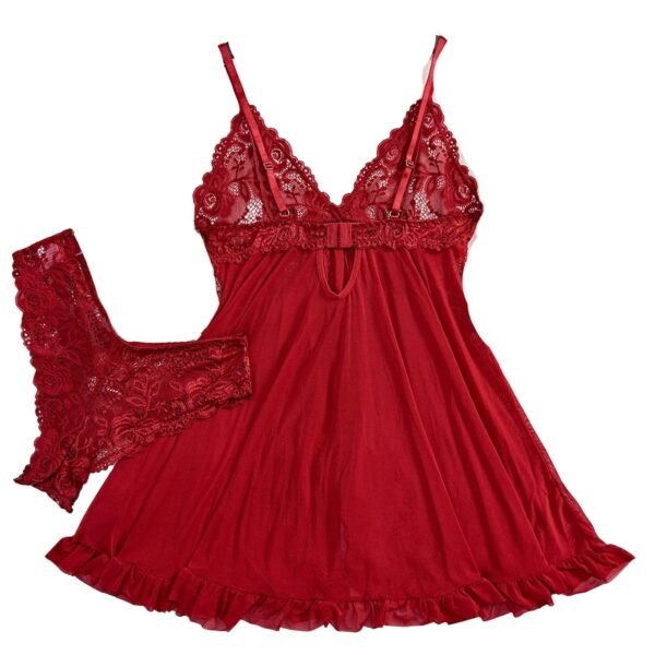 Red sexy lace lingerie dress for women with matching lace panties on a plush white background