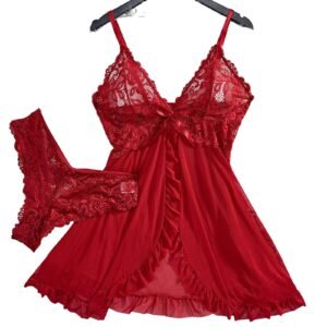 Red sexy lace lingerie dress for women with matching lace thong and ruffle detailing