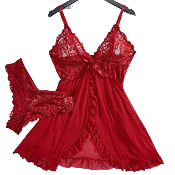 Red sexy lace lingerie dress for women with matching lace thong and ruffle detailing
