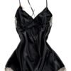 LuckeLadybug LLC sexy lace nightdress for women in black satin with lace details and spaghetti straps