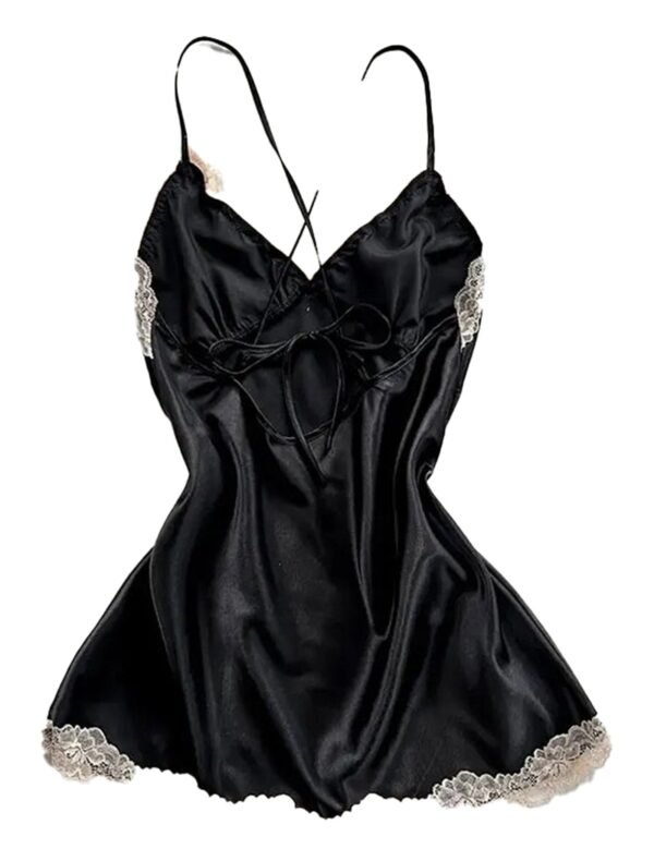 LuckeLadybug LLC sexy lace nightdress for women in black satin with lace details and spaghetti straps