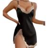 Elegant black sexy lace nightdress for women with delicate lace trim and a flirty side slit