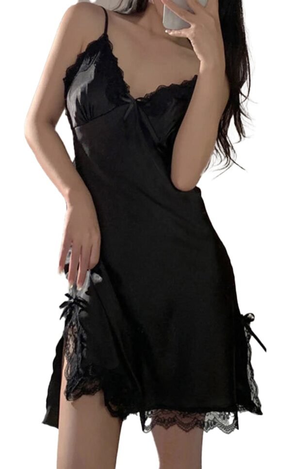 LuckeLadybug sexy lace nightdress for women in black with adjustable straps and lace trim