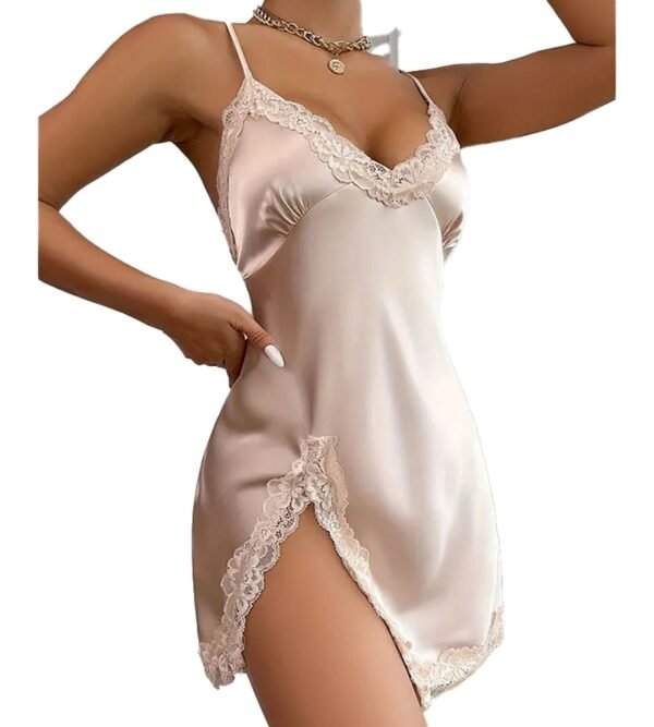 Elegant satin babydoll with lace trim in soft beige, perfect as a sexy lace nightdress for women