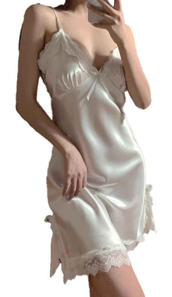 Elegant satin chemise featuring lace details, a sexy lace nightdress for women by LuckeLadybug LLC