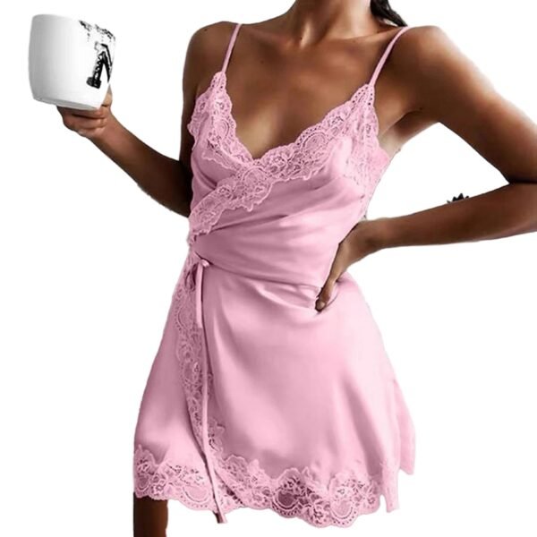 LuckeLadybug sexy lace satin nightdress in pink with lace trim, perfect for a romantic evening