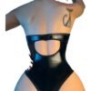 Back view of a sexy leather lingerie bodysuit with a cutout design from LuckeLadybug LLC