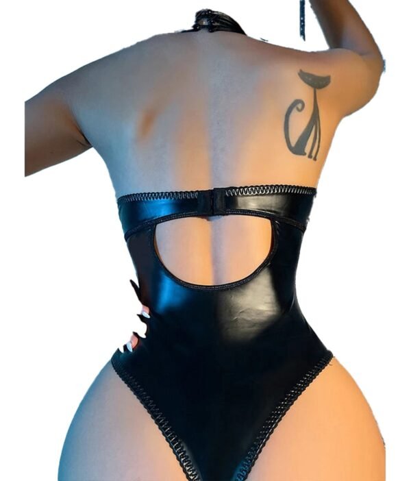 Back view of a sexy leather lingerie bodysuit with a cutout design from LuckeLadybug LLC