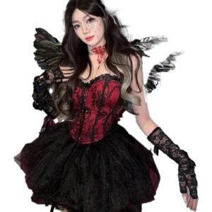 Sexy medieval gothic corset dress with lace gloves and winged accessories for a dramatic look