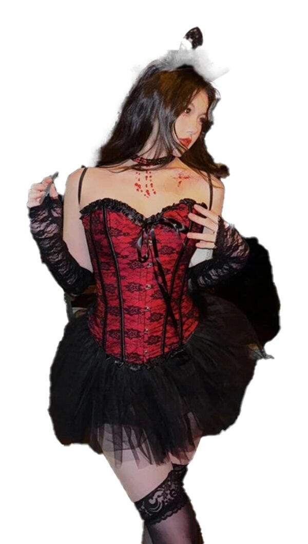 Sexy medieval gothic corset dress in red with black lace and tulle details for a dramatic look