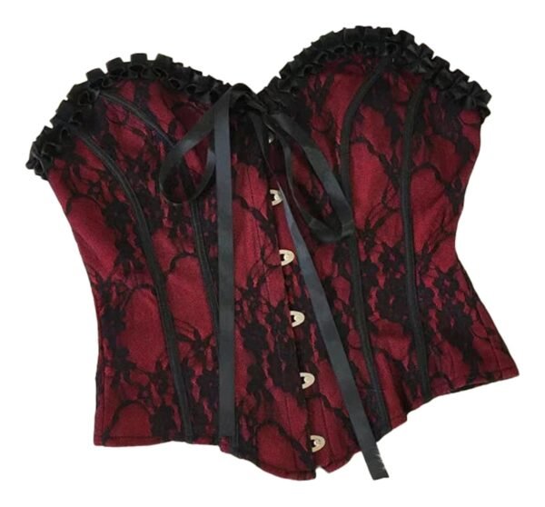 Luxurious sexy medieval gothic corset in burgundy lace with black trim and adjustable ribbons