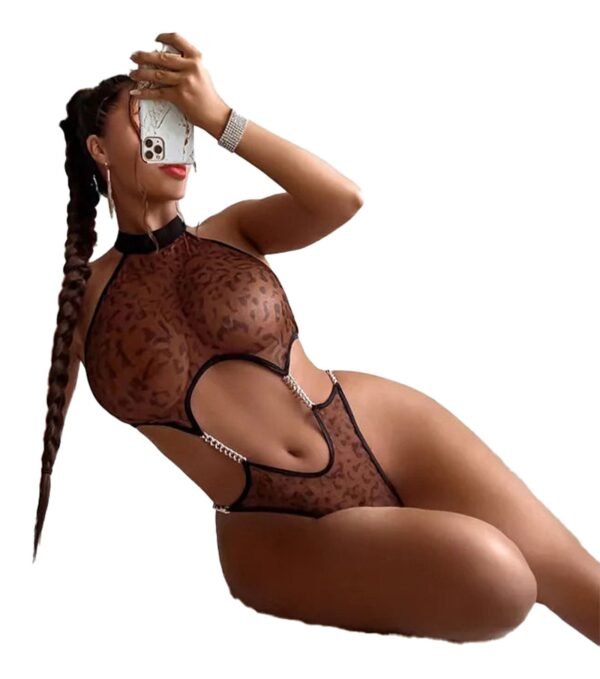 LuckeLadybug sexy open crotch bodysuit lingerie with leopard print design and unique cutouts