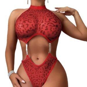 Sexy open crotch bodysuit lingerie in red leopard print with a stunning cutout design