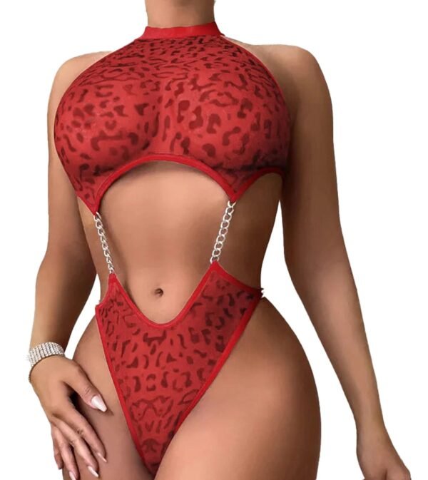 LuckeLadybug sexy open crotch bodysuit lingerie in red with leopard print and chain detailing