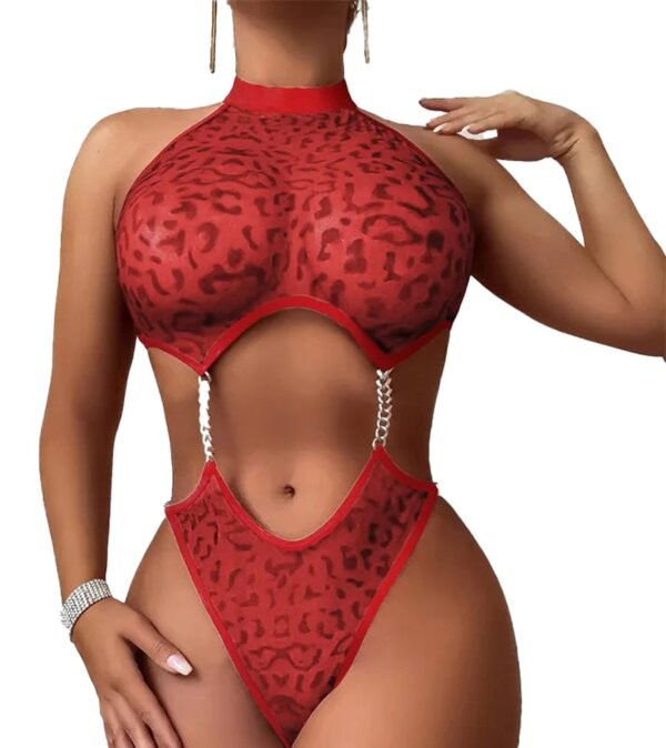 LuckeLadybug sexy open crotch bodysuit lingerie in red with leopard print and chain details