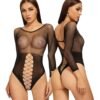 LuckeLadybug LLC sexy open crotch bodysuit featuring sheer mesh design and backless style for a bold look