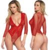 Red lace sexy open crotch bodysuit with long sleeves and a plunging neckline for a seductive look