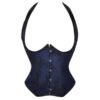 Navy blue sexy overbust corset top with floral lace design and front hook closure