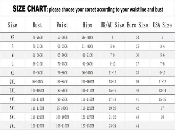 Sexy Overbust Corset Top In Lace Design 13 Sexy Overbust Corset Top In Lace Design LuckeLadybug sexy overbust corset top size chart with measurements for bust, waist, and hips