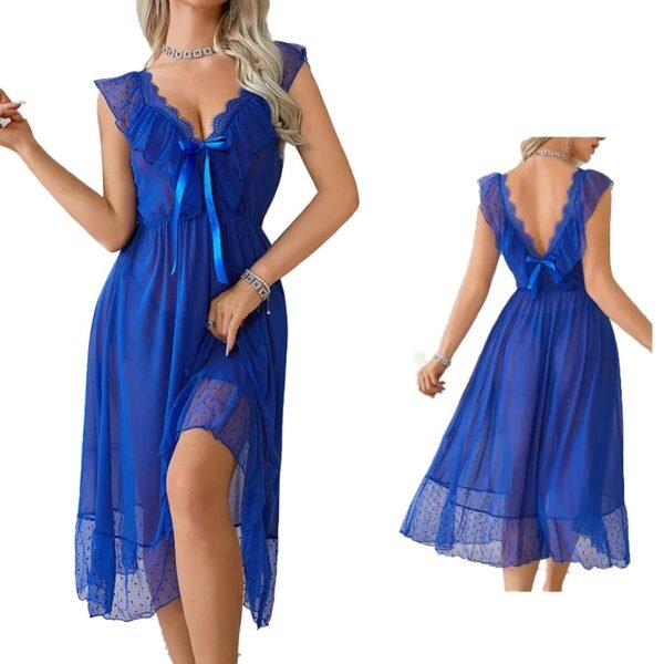 Sexy polka dot babydoll nightgown in blue with lace trim and adjustable bow for an elegant look