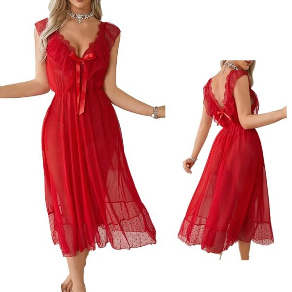 Red sexy polka dot babydoll nightgown with lace trim and a bow detail for a seductive look