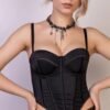 Sleek black corset top for women, showcasing style and elegance, perfect for pairing with outfits.
