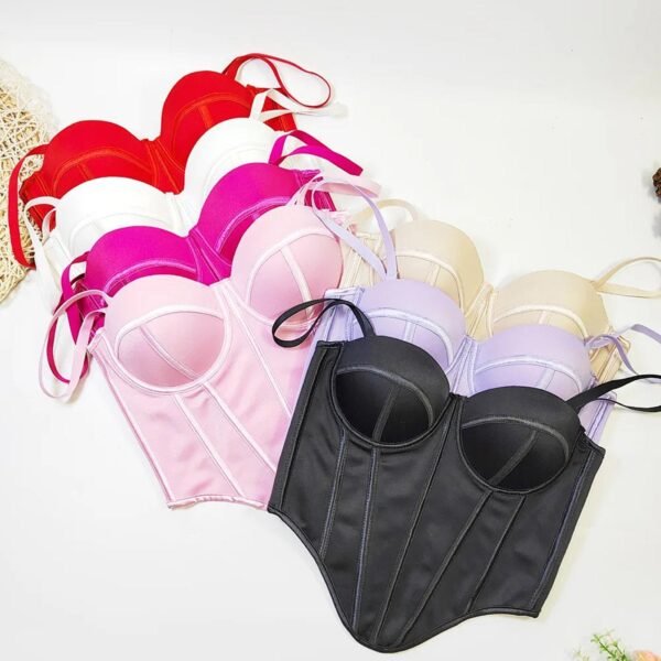 Variety of sexy red corset tops for women in different colors with adjustable straps