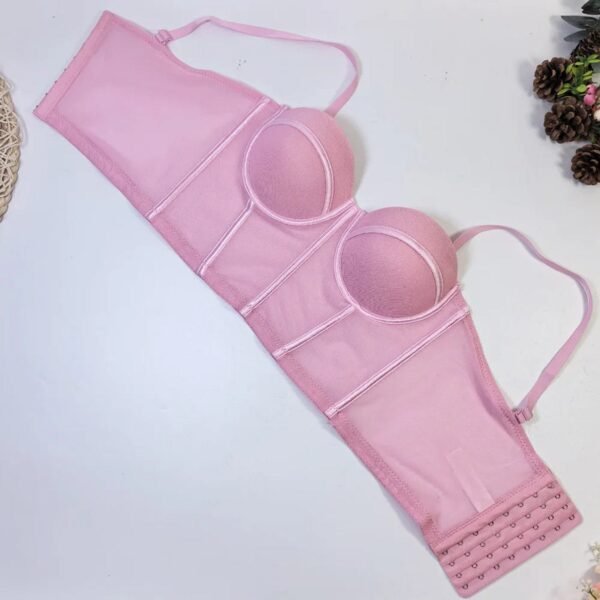 Pink lace detailing and structured design of a sexy red corset top for women